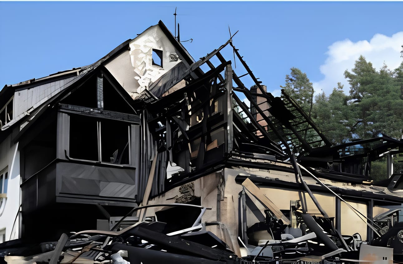 A timber-framed house destroyed by fire