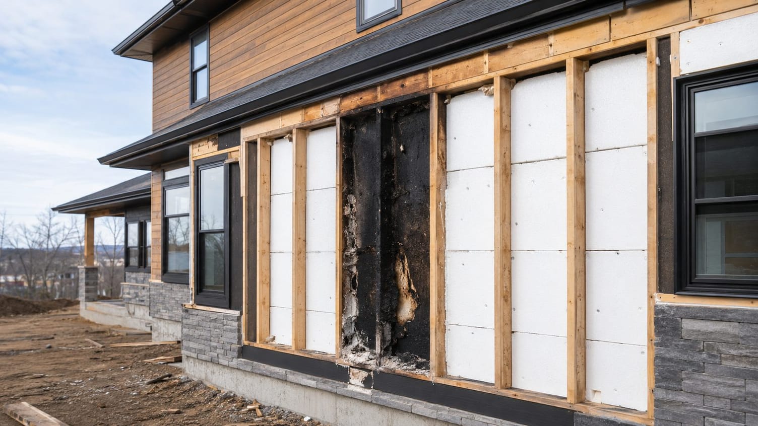 A house under construction with rigid foam board between wood studs. One bay is burnt out; the boards in the adjacent bays are intact.